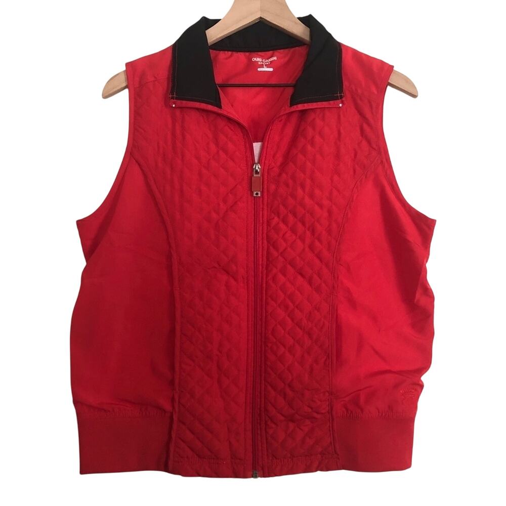 Oleg Cassini Sport Red Quilted Black Sleeveless Windbreaker Vest Jacket Large
